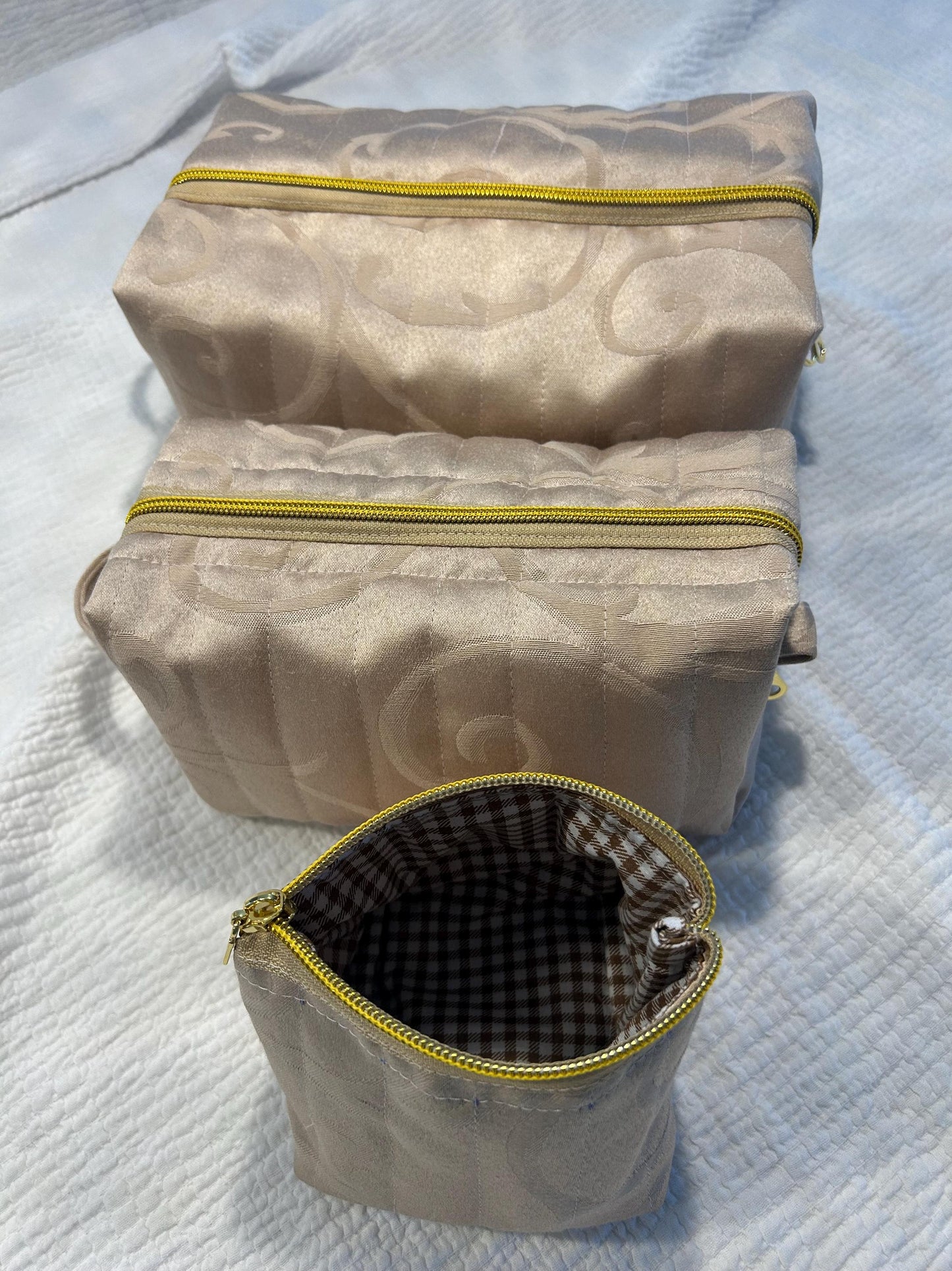 Quilted Makeup Bags: Beige & Gold Boxy Zipper Pouches - Set of 3 or individual