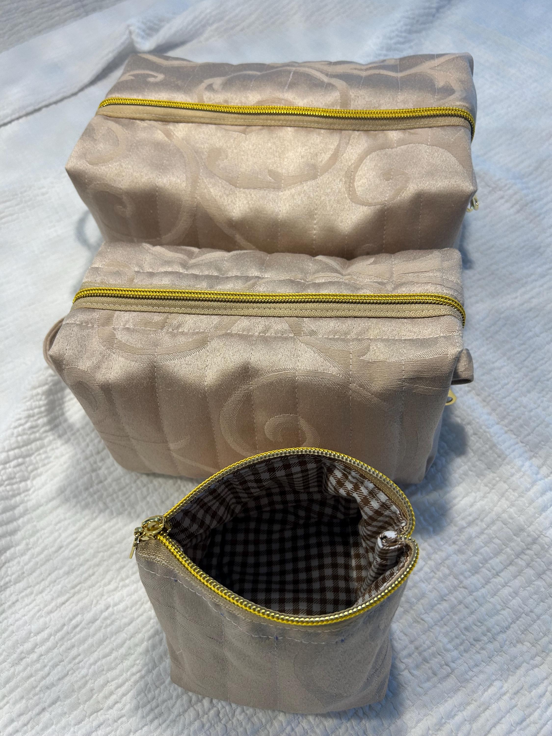 Quilted Makeup Bags: Beige & Gold Boxy Zipper Pouches - Set of 3 or individual