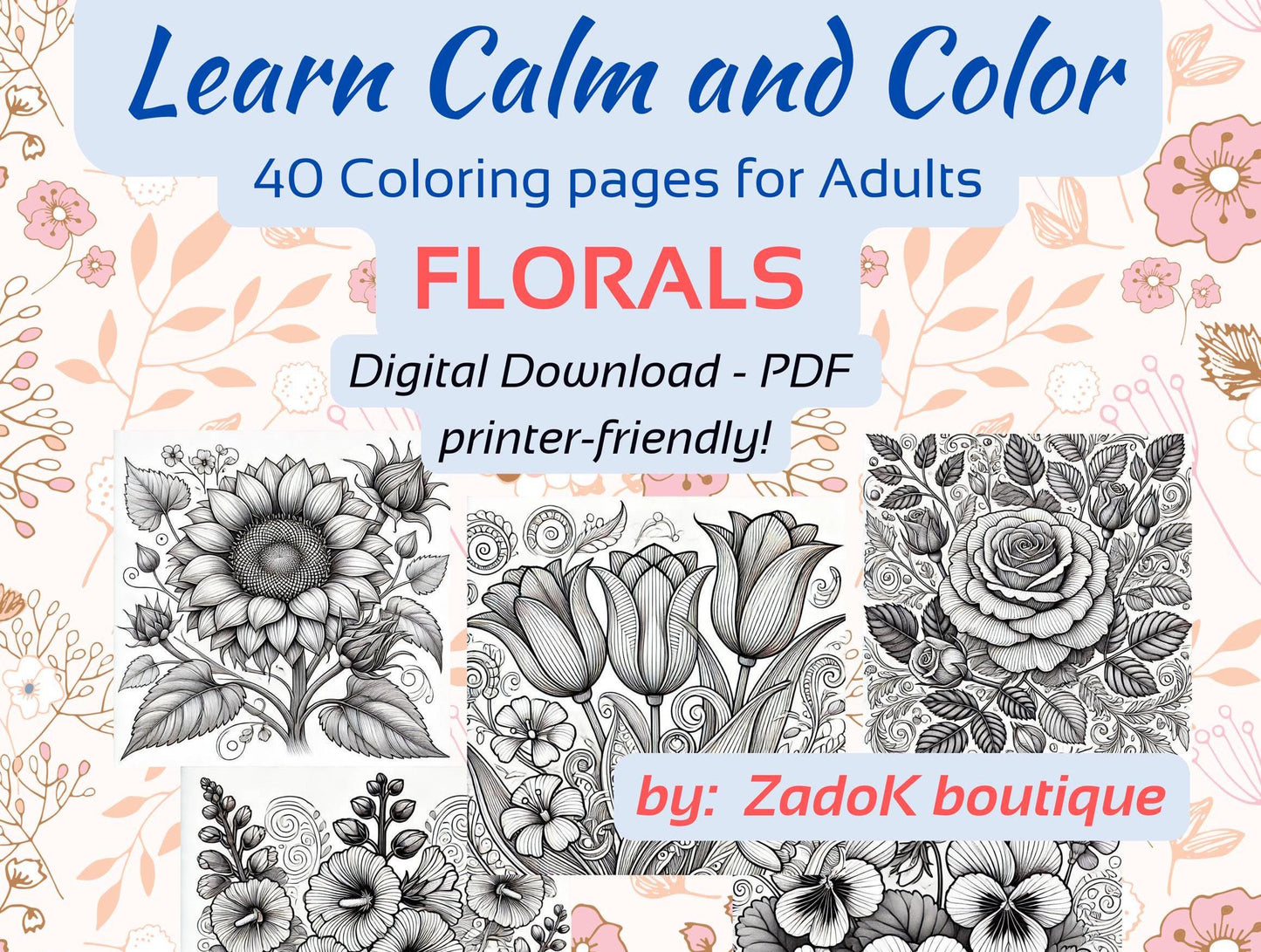 Floral Coloring Pages for Adults: Stress Relief Art Therapy (PDF Download)