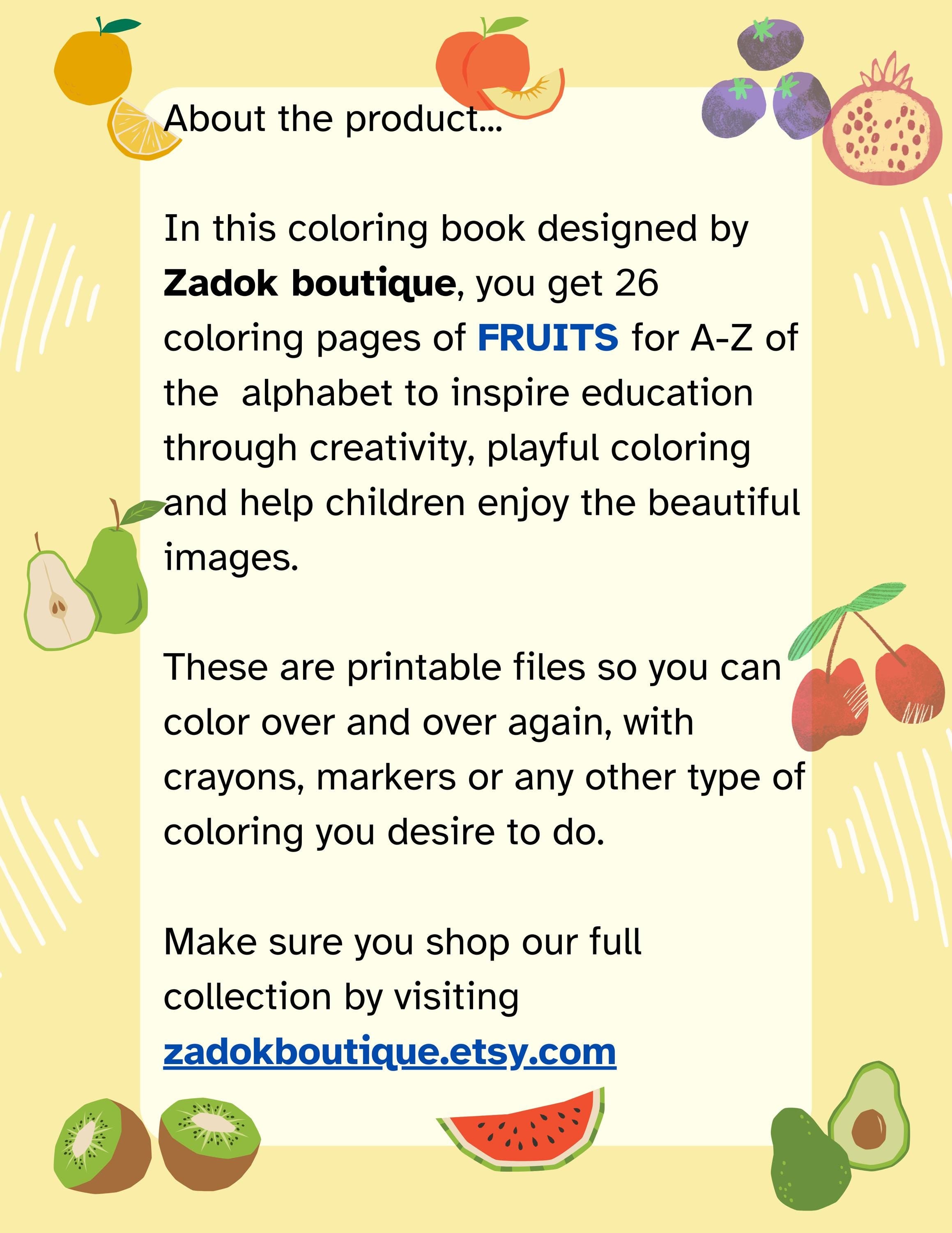 Fruit A-Z Coloring Pages for Kids: Homeschool & Preschool (PDF Download)
