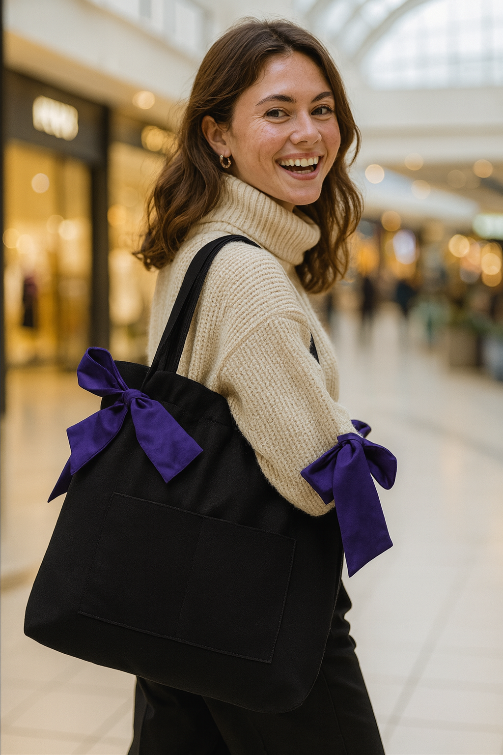 Black Denim Tote Bag with Bows