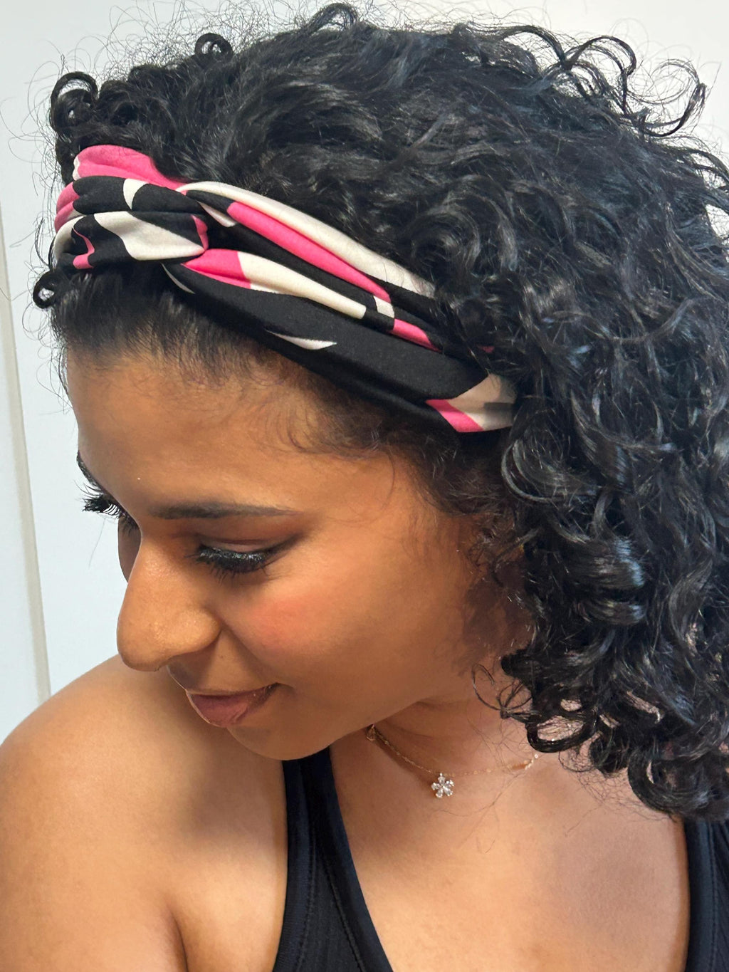 Knotted Turban Headband: Geometric Pink & Black - Wide Double Twist Knotted Headband - Active Wear