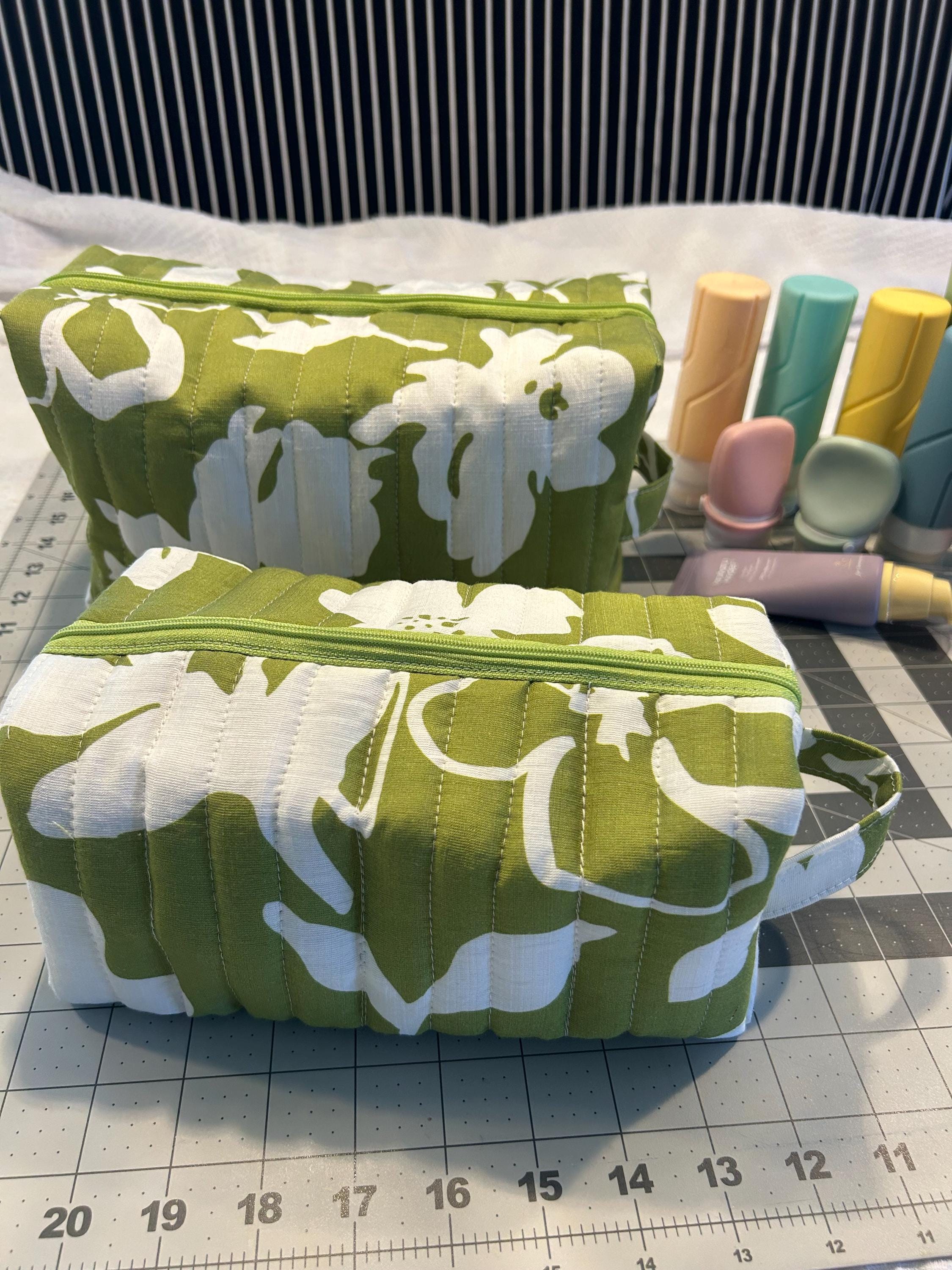 Handmade Quilted Makeup Bag Set: Leaf Green Floral, Boxy Cosmetic Bags