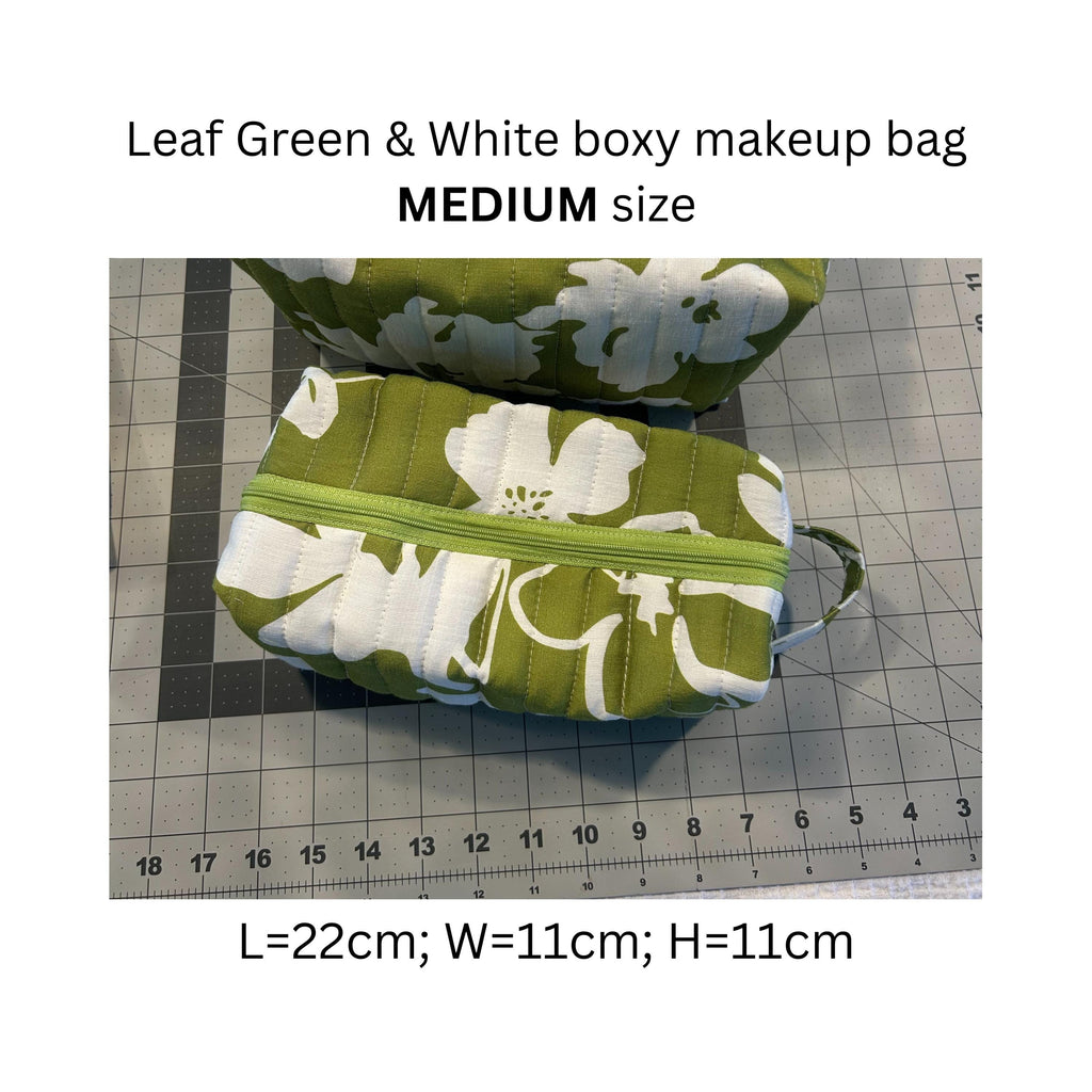 Handmade Quilted Makeup Bag Set: Leaf Green Floral, Boxy Cosmetic Bags