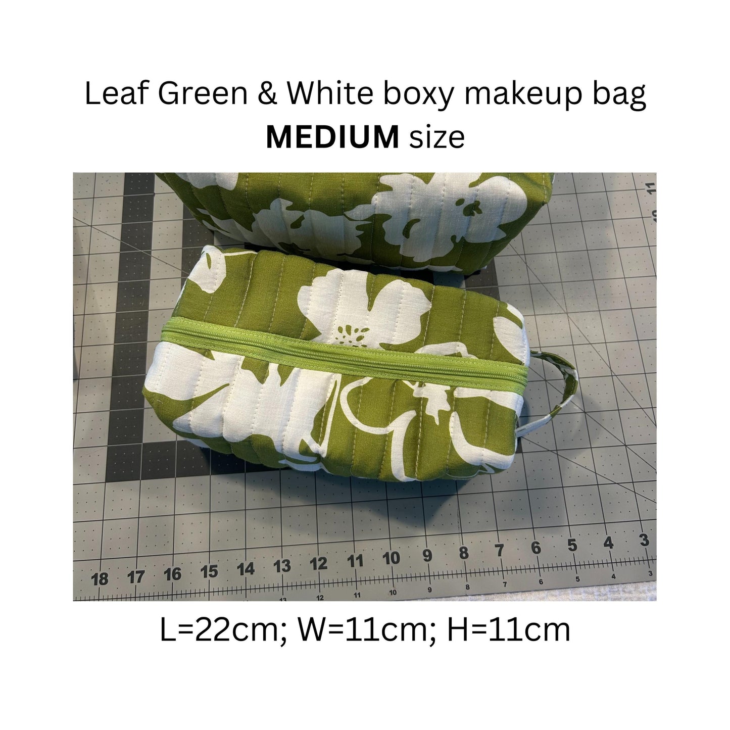 Handmade Quilted Makeup Bag Set: Leaf Green Floral, Boxy Cosmetic Bags
