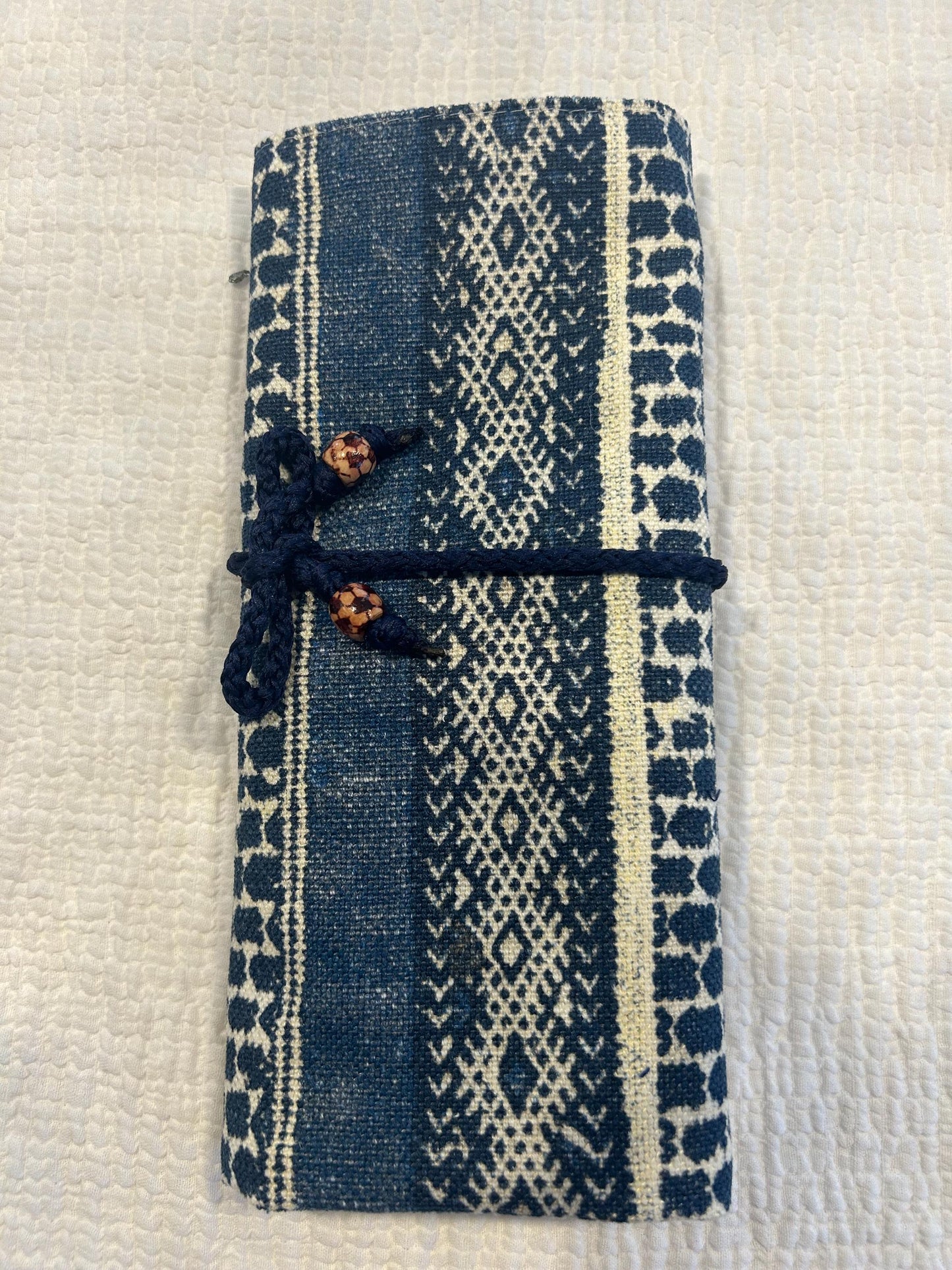 HAKAN Makeup Brush Roll: Blue & cream Organizer, Handmade in Canada