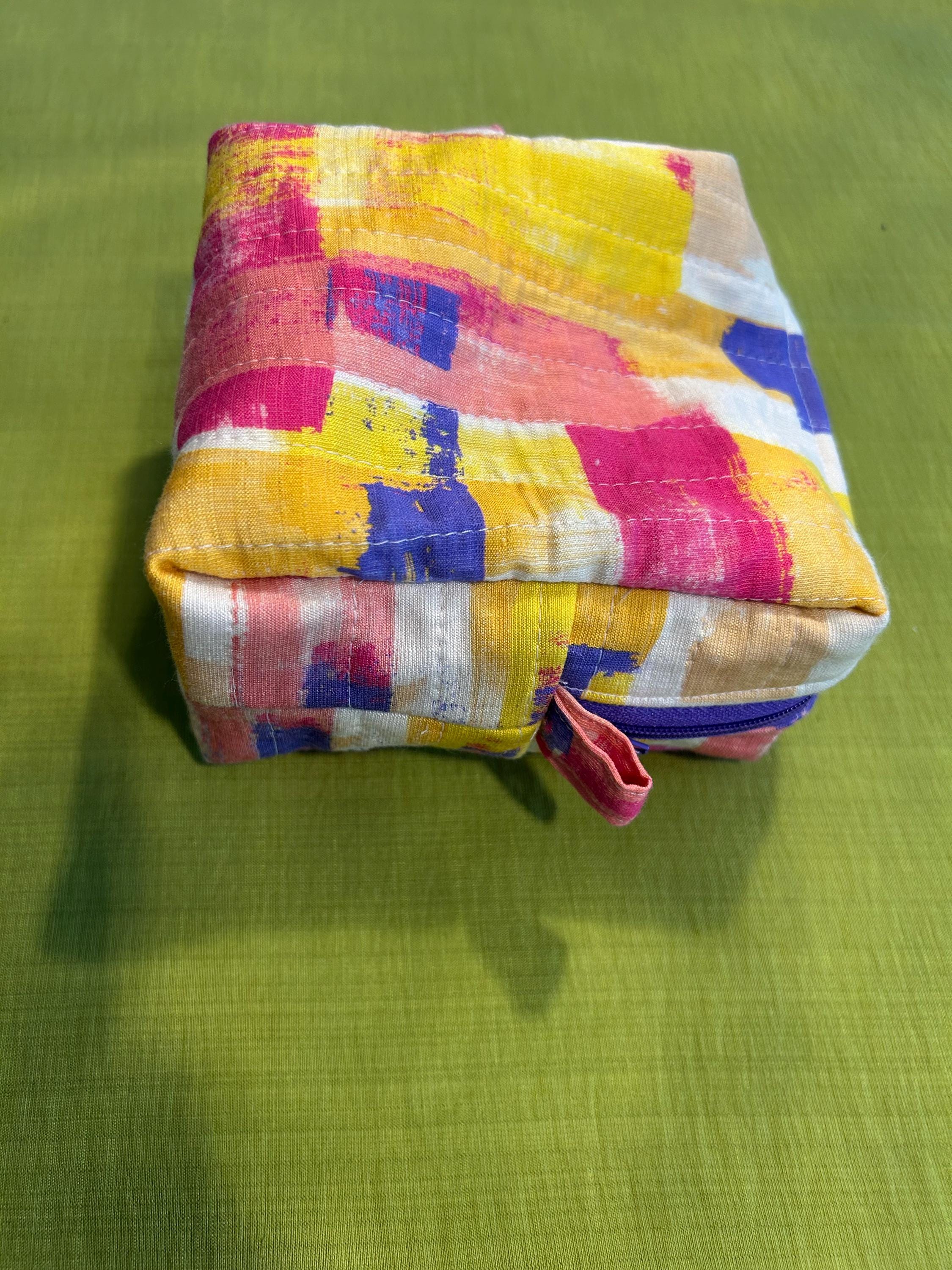 Quilted Boxy Zipper Pouch: Yellow & Purple Makeup Bag, Handmade