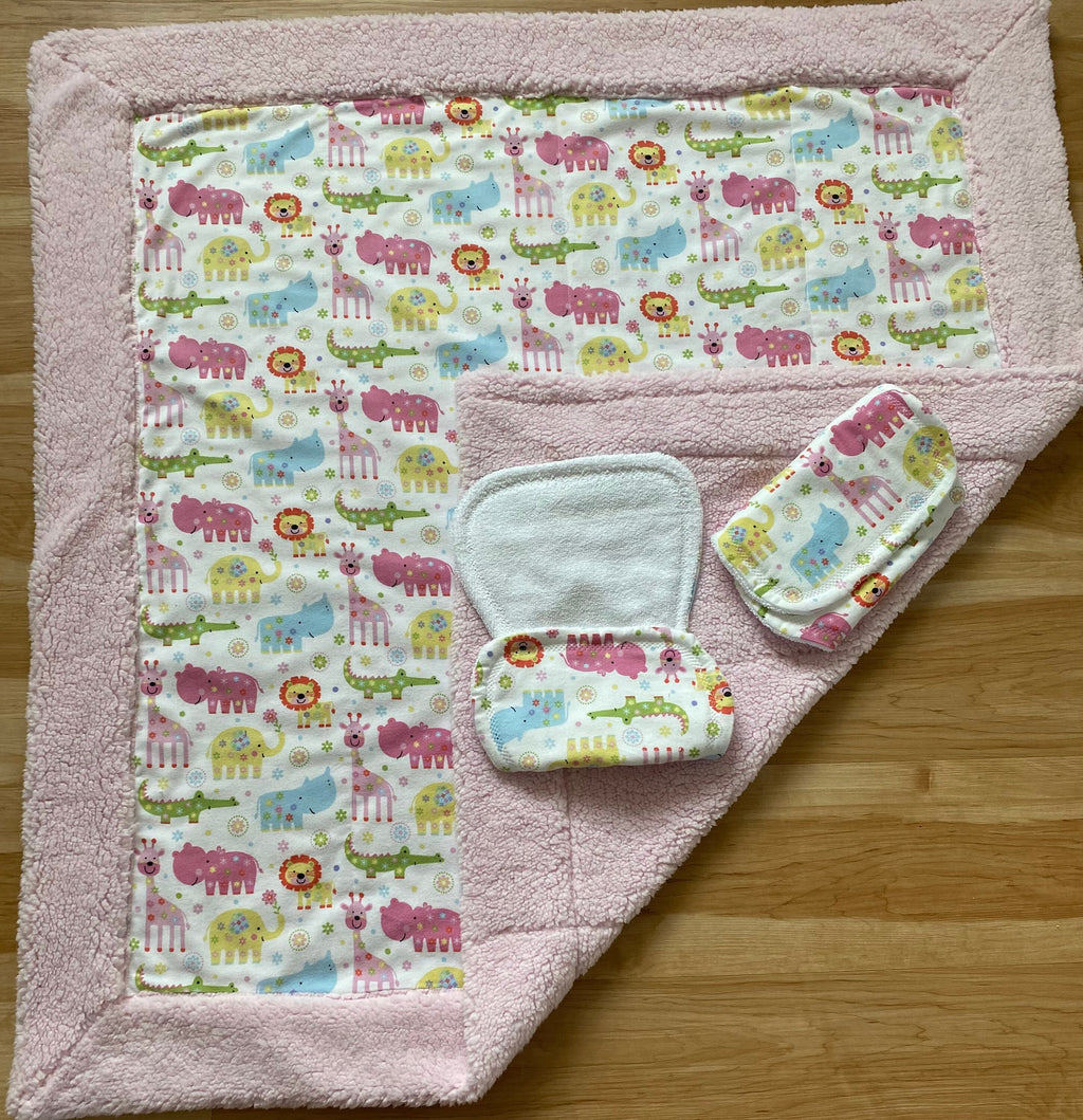 Handmade Baby Blanket Gift Set: Sherpa & Flannel with Burp Cloths