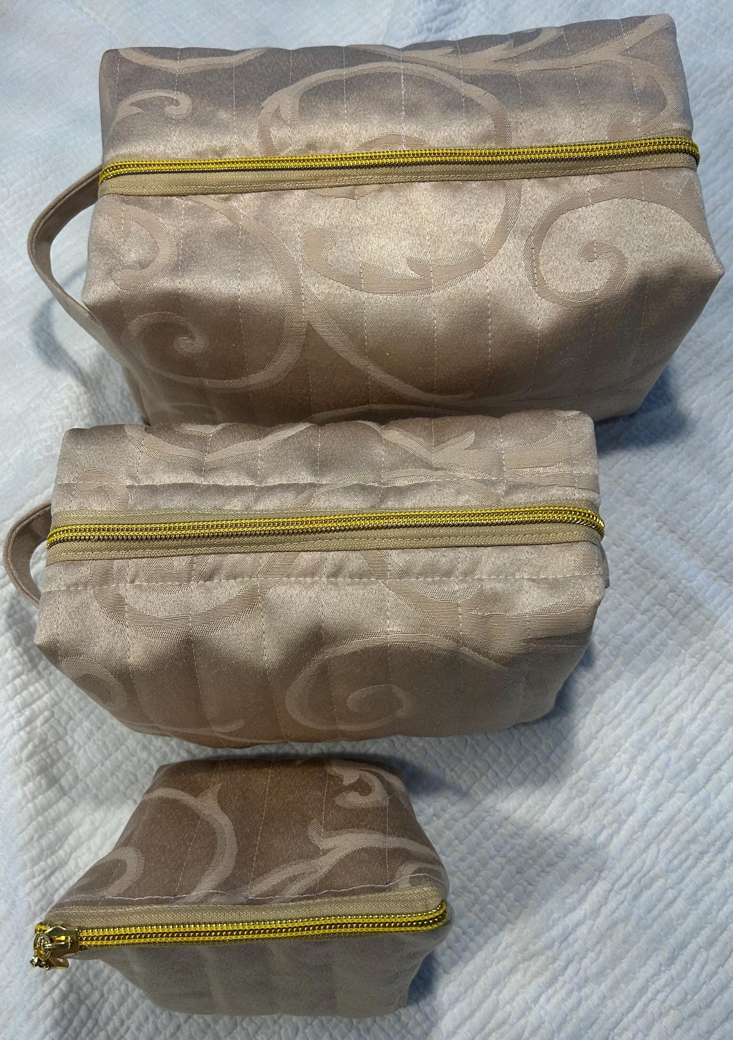 Quilted Makeup Bags: Beige & Gold Boxy Zipper Pouches - Set of 3 or individual