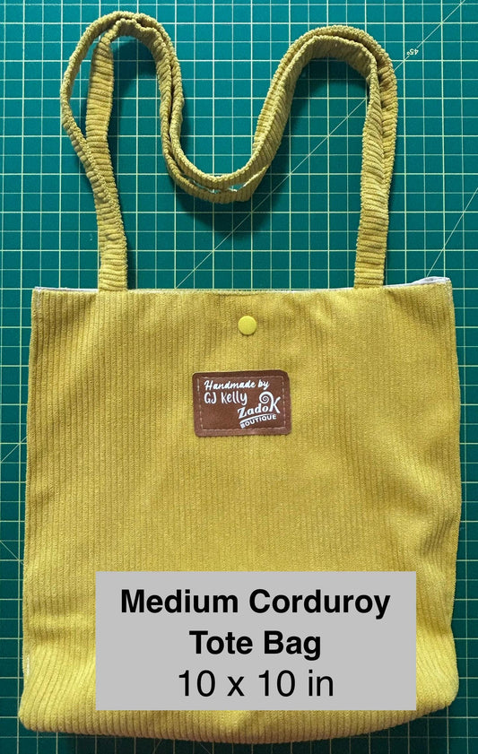 Corduroy Tote Bag: Medium Everyday Shoulder Bag with Inner Pocket - Handmade