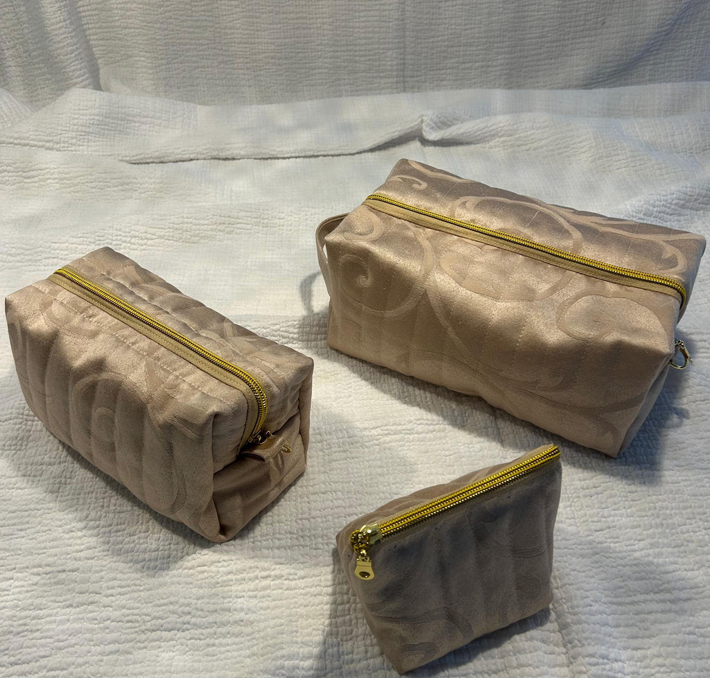 Quilted Makeup Bags: Beige & Gold Boxy Zipper Pouches - Set of 3 or individual