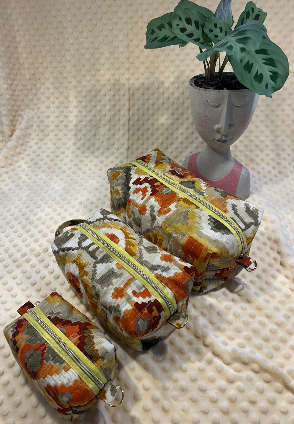 Quilted Boxy Makeup Bags: Autumn Geometric Fabric, Set of 3 or Individual
