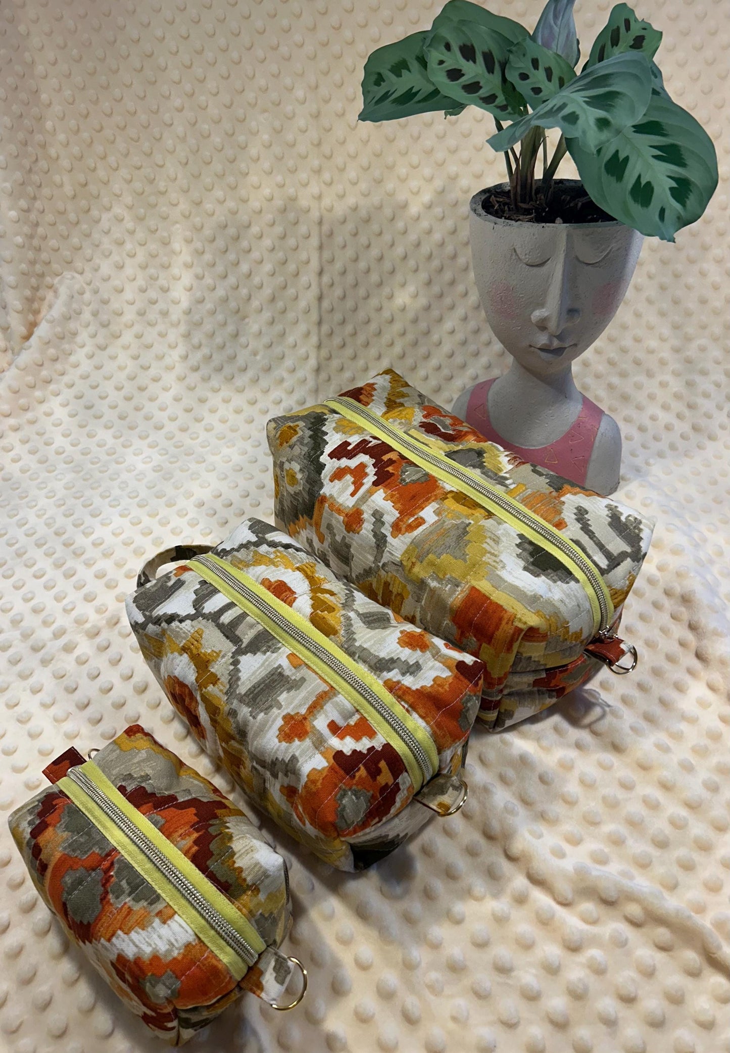 Quilted Boxy Makeup Bags: Autumn Geometric Fabric, Set of 3 or Individual