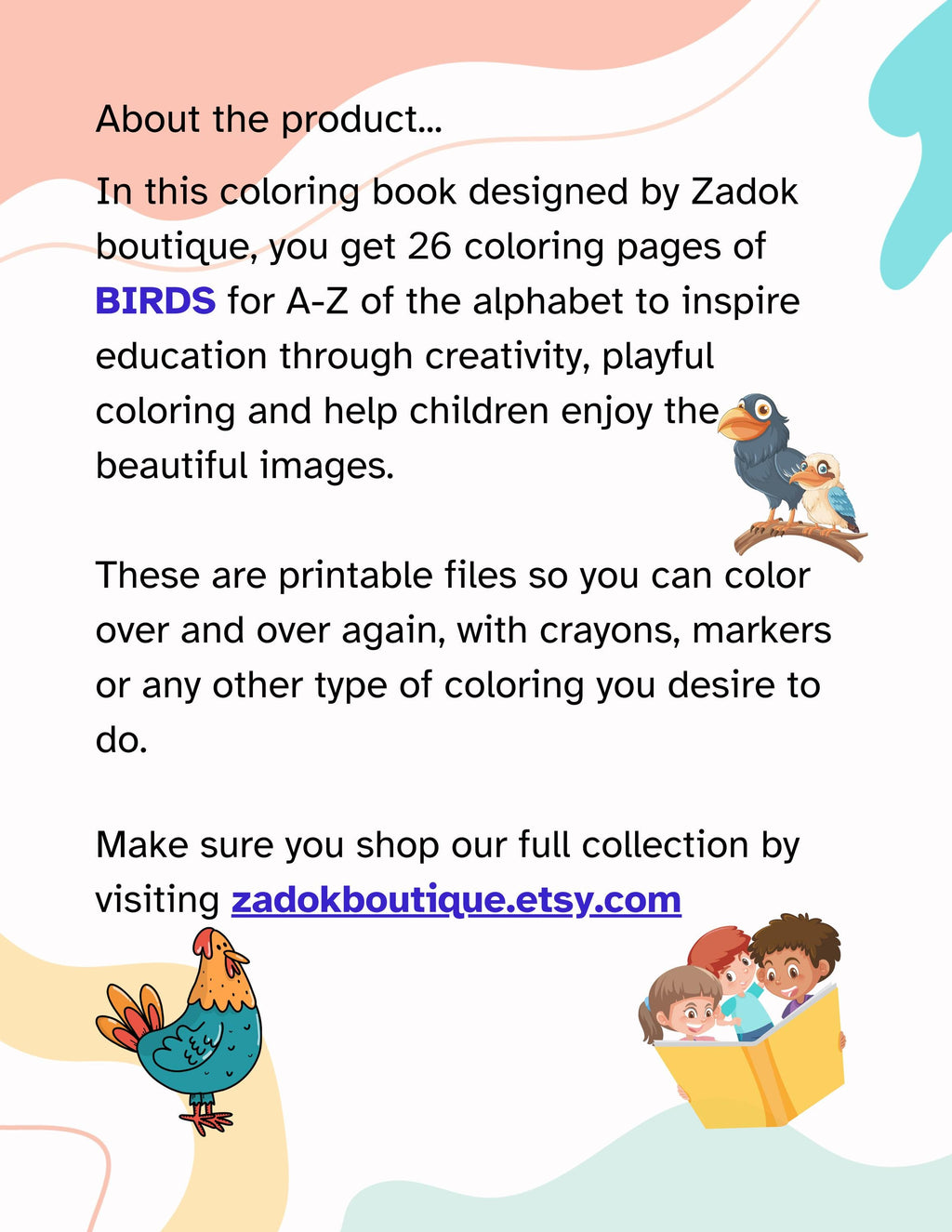 Birds A-Z Coloring Pages for Children: Homeschool Education (PDF Download)