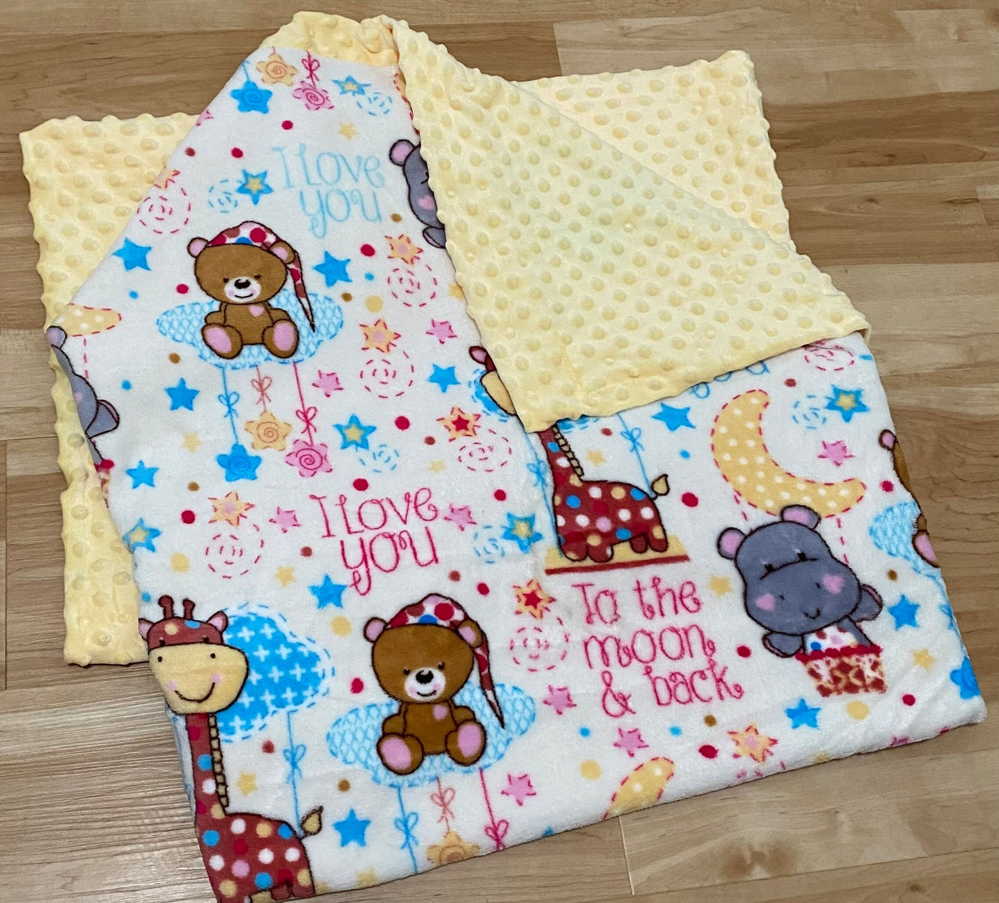 Baby Blanket - Fleece/Flannelette Self-Binding / Yellow  "I love you to the moon and back" | baby shower gift
