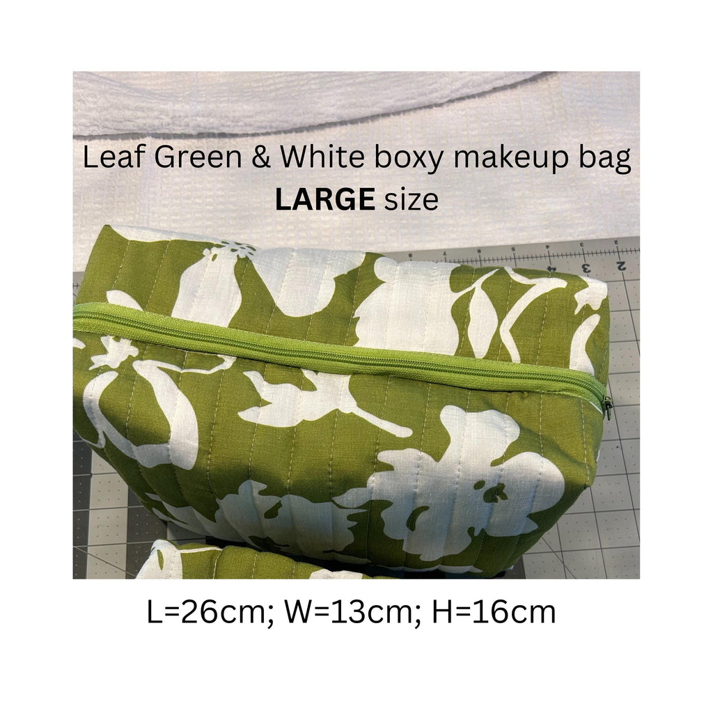 Handmade Quilted Makeup Bag Set: Leaf Green Floral, Boxy Cosmetic Bags
