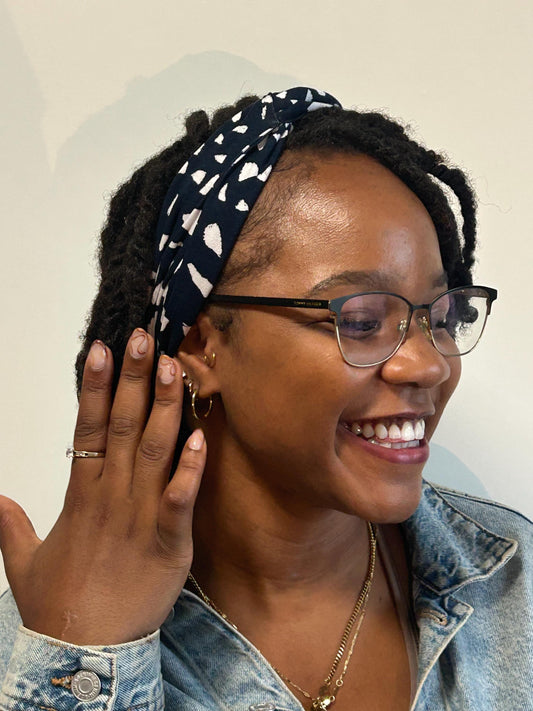 Double Twist Turban Headband: Navy Blue & White - Wide Knotted Headband for Everyday and Active Wear, All Hair Types