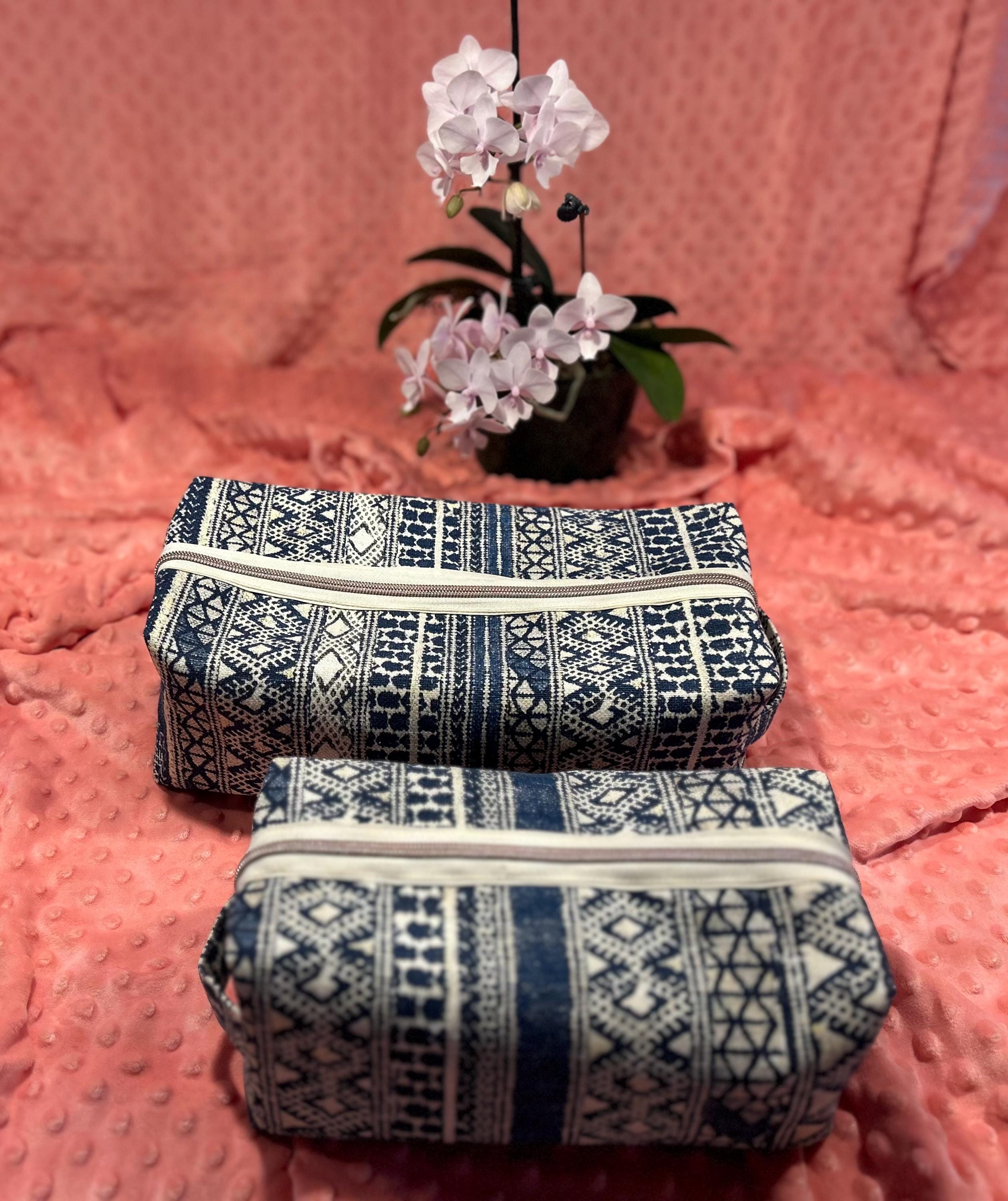 Quilted Makeup Bags Set: Blue & Cream Boxy Pouches - HAKAN Design