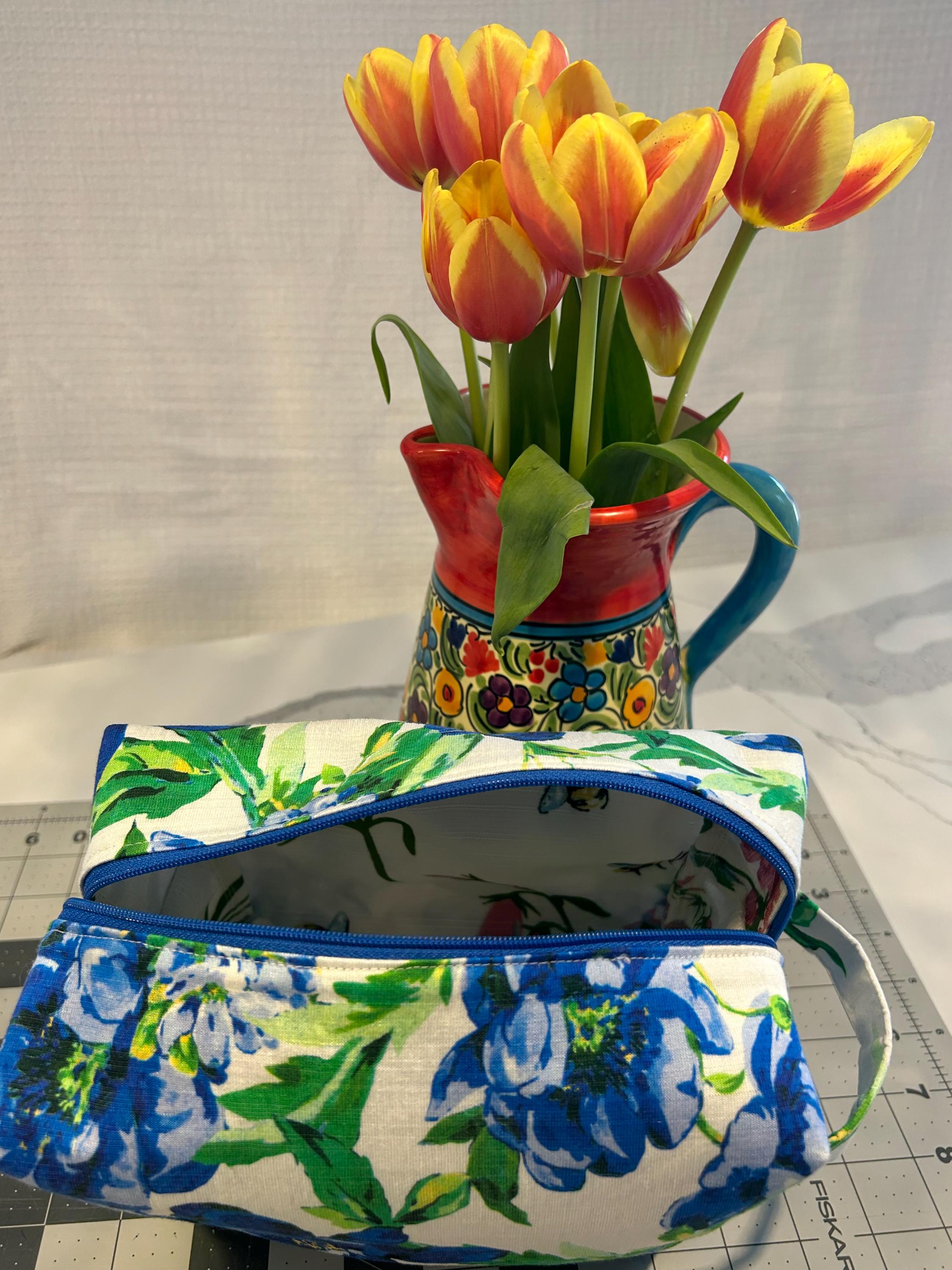 Floral Zipper Pouch: Blue & White Makeup Bag, Handmade in Canada
