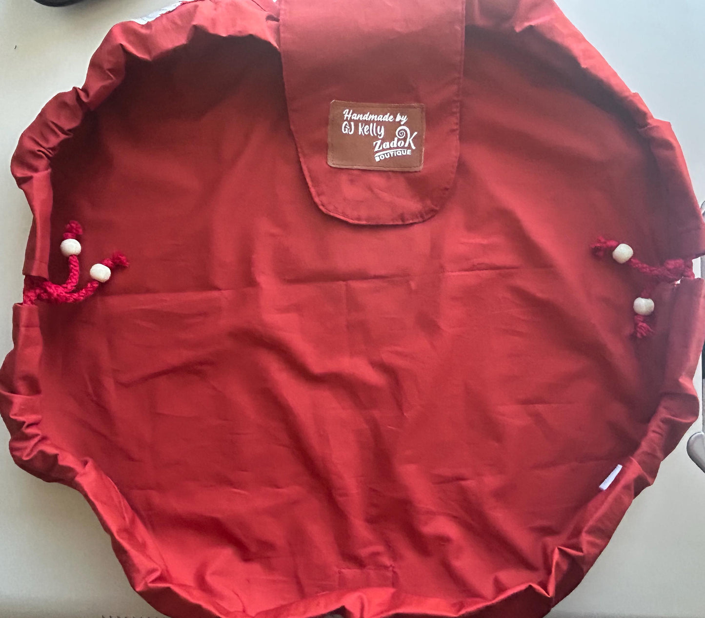 Drawstring Circular Makeup Bag | Cinch Up, Open-Flat Design | Handmade Cosmetic Organizer | Red-White-Gray fabric