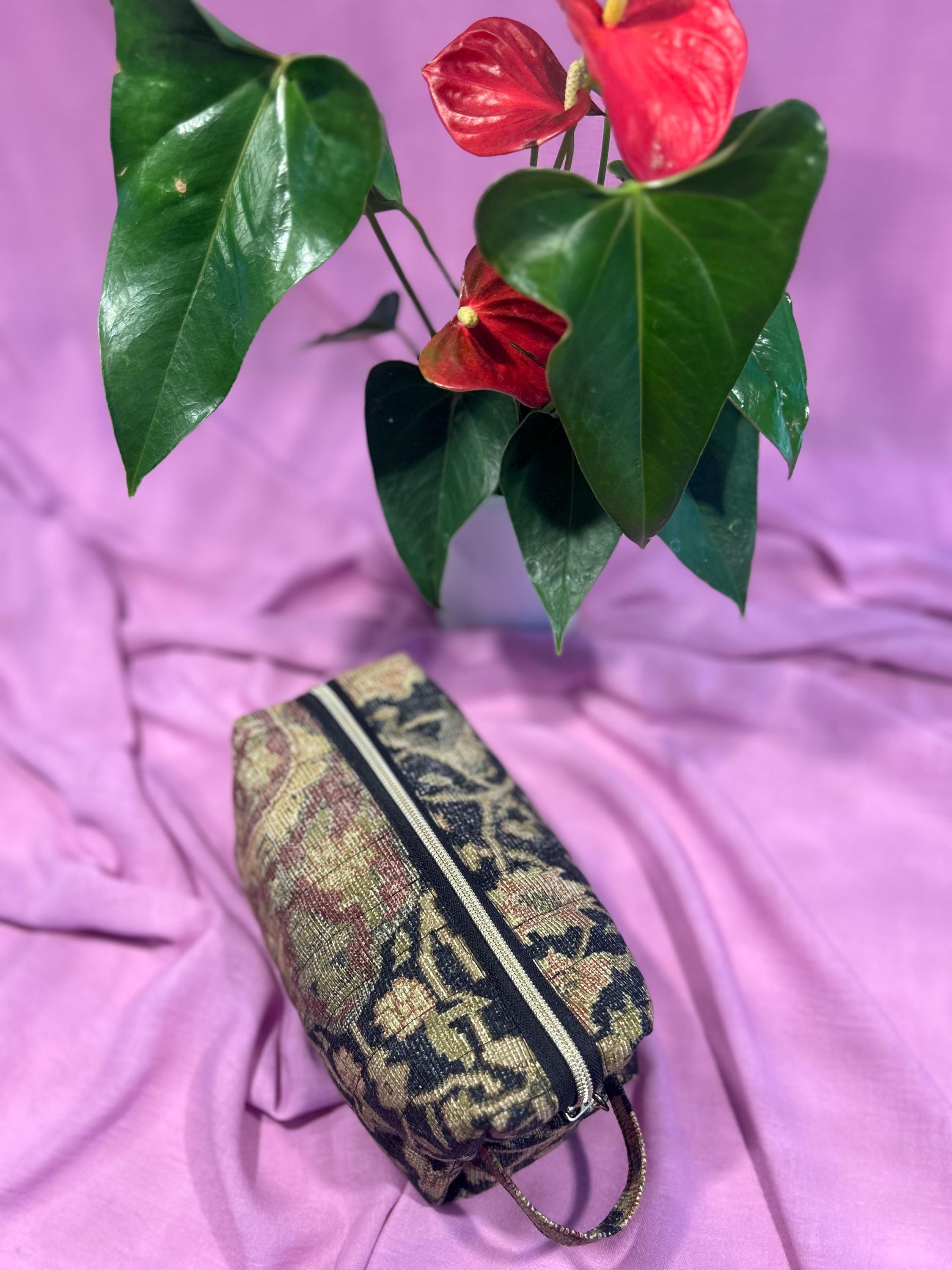 Boxy Makeup Bags: Quilted Black & Gold - Ralph Lauren inspired fabric - Elegant Cosmetic Organizer, Handmade in Canada