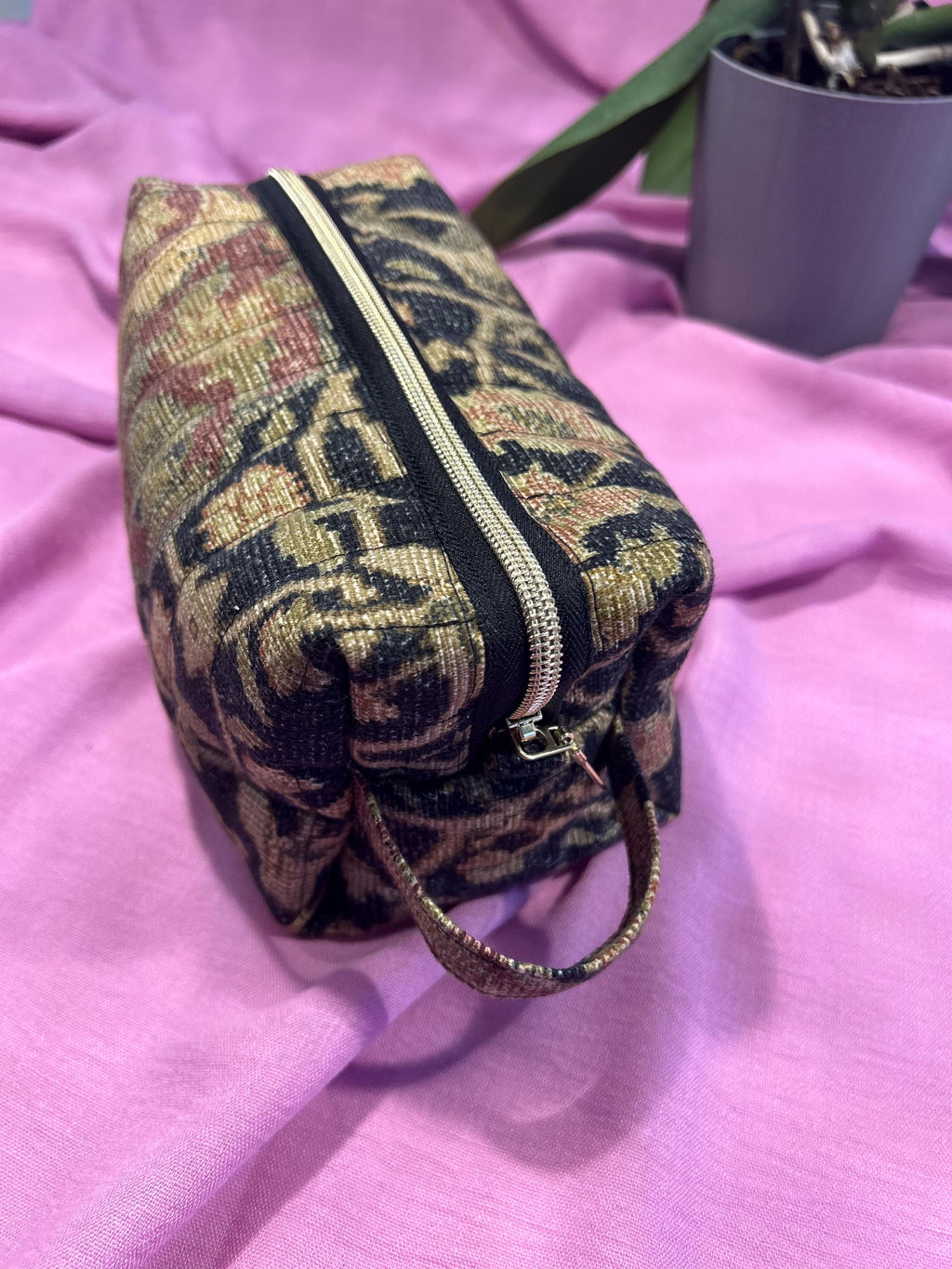 Boxy Makeup Bags: Quilted Black & Gold - Ralph Lauren inspired fabric - Elegant Cosmetic Organizer, Handmade in Canada