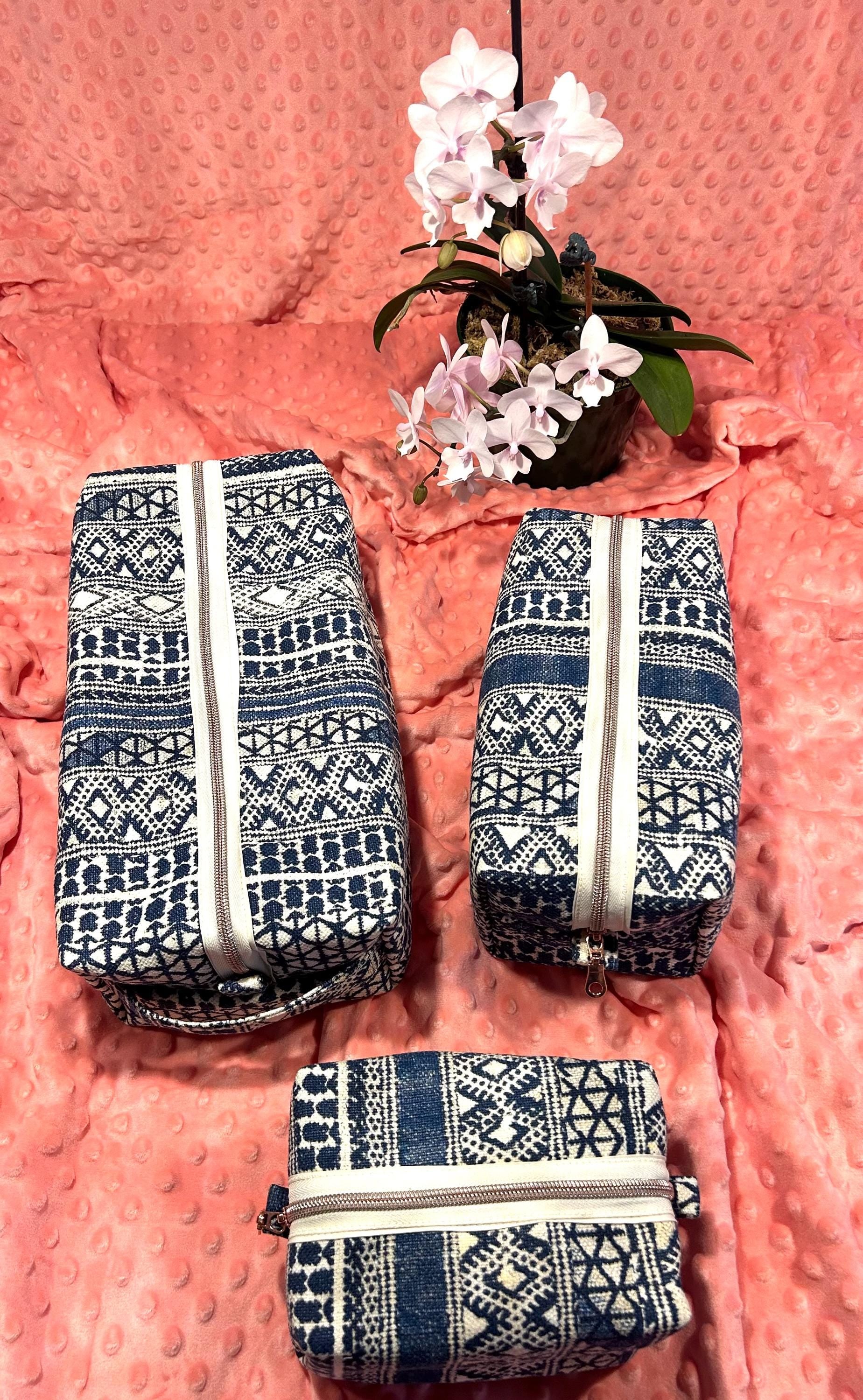 Quilted Makeup Bags Set: Blue & Cream Boxy Pouches - HAKAN Design