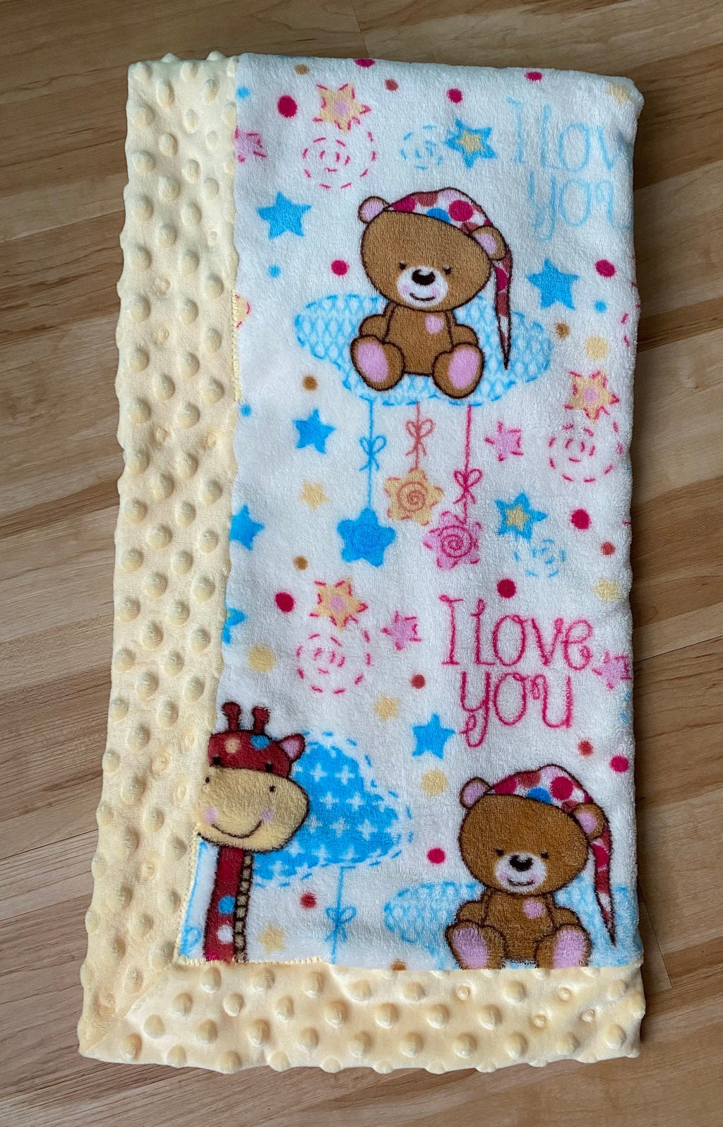 Baby Blanket - Fleece/Flannelette Self-Binding / Yellow  "I love you to the moon and back" | baby shower gift