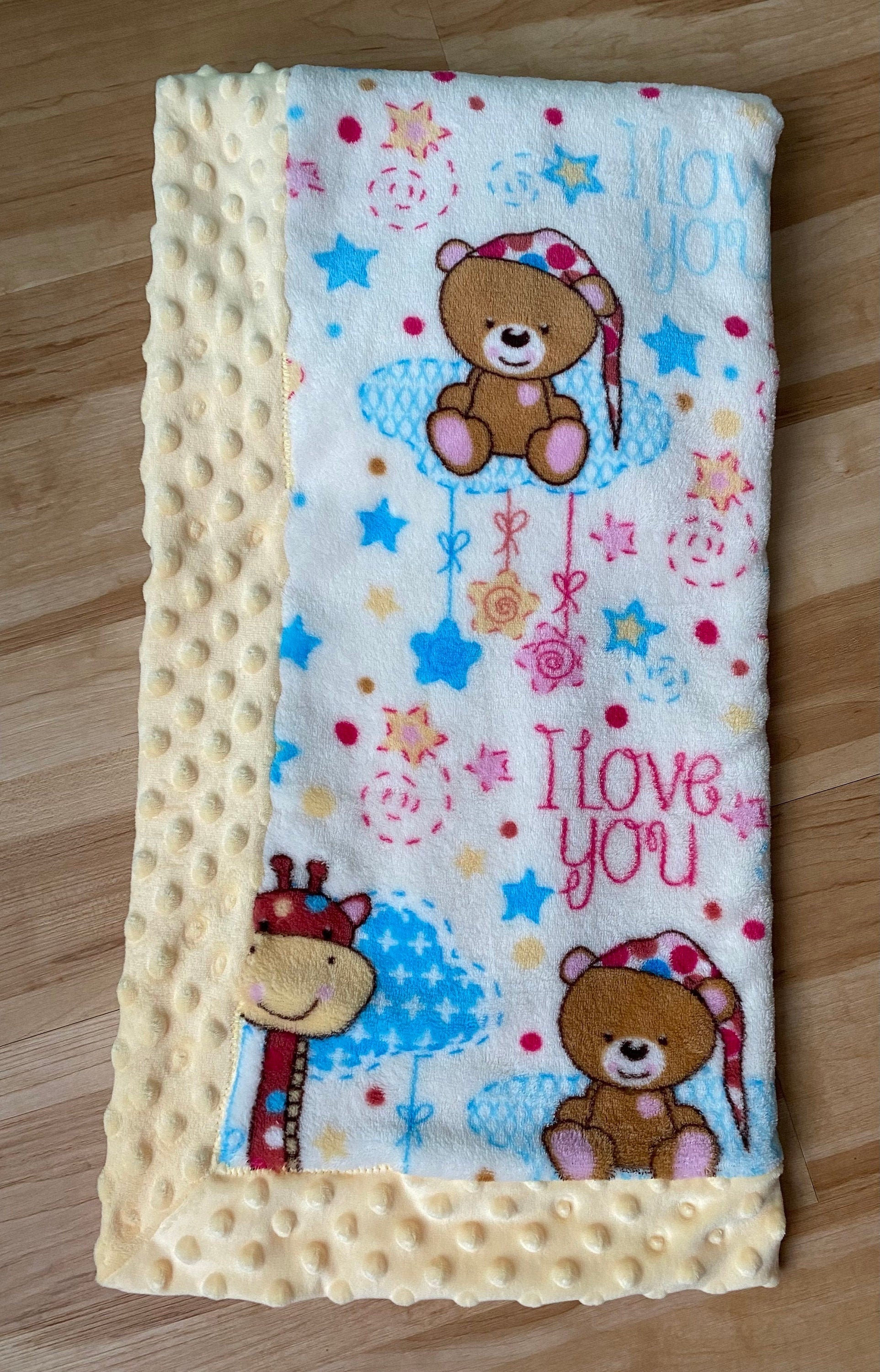 Baby Blanket - Fleece/Flannelette Self-Binding / Yellow  "I love you to the moon and back" | baby shower gift