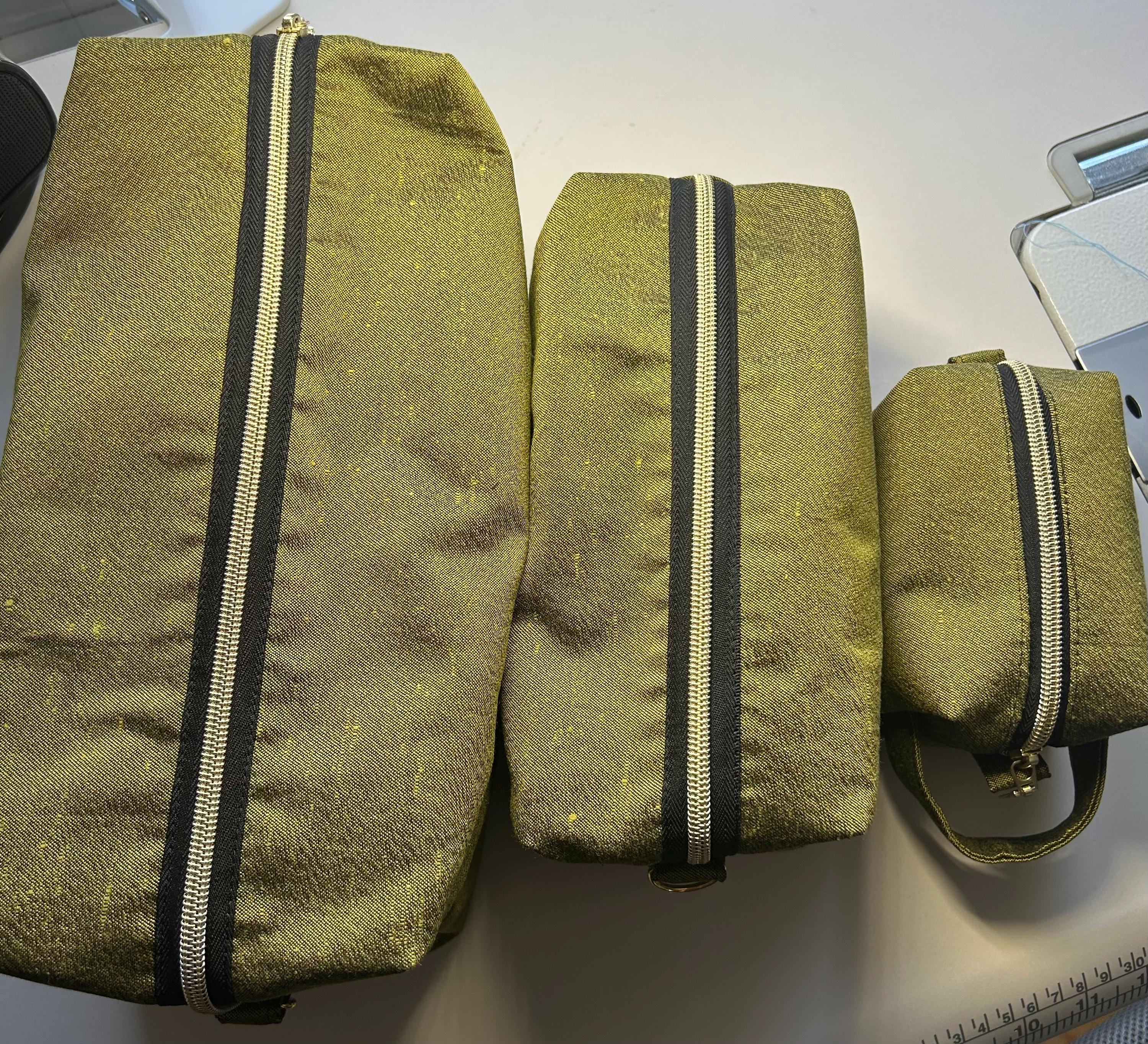 Quilted Raw Silk Makeup Bags: Mint Green & Gold - Set of 3 or individual