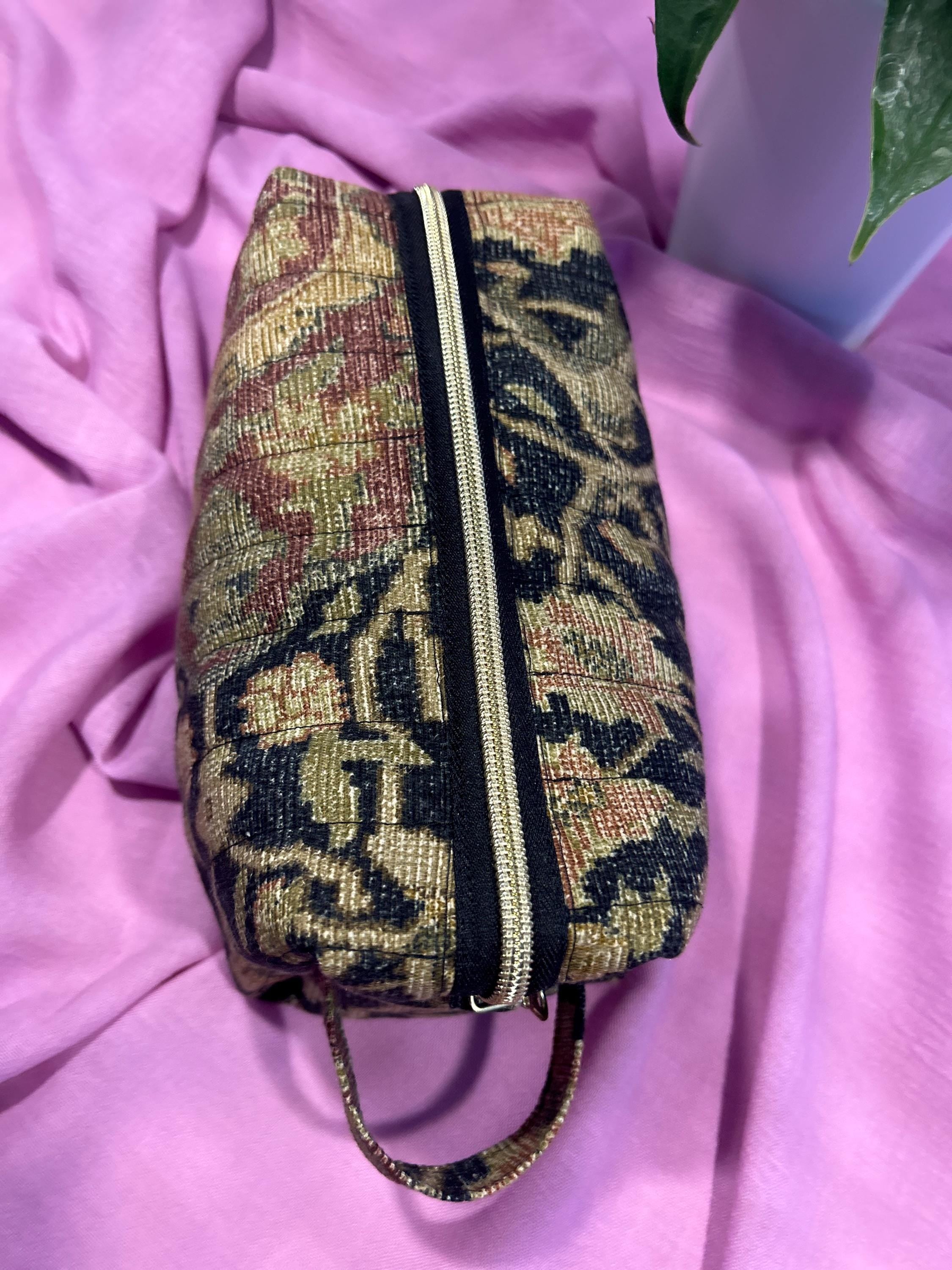 Boxy Makeup Bags: Quilted Black & Gold - Ralph Lauren inspired fabric - Elegant Cosmetic Organizer, Handmade in Canada