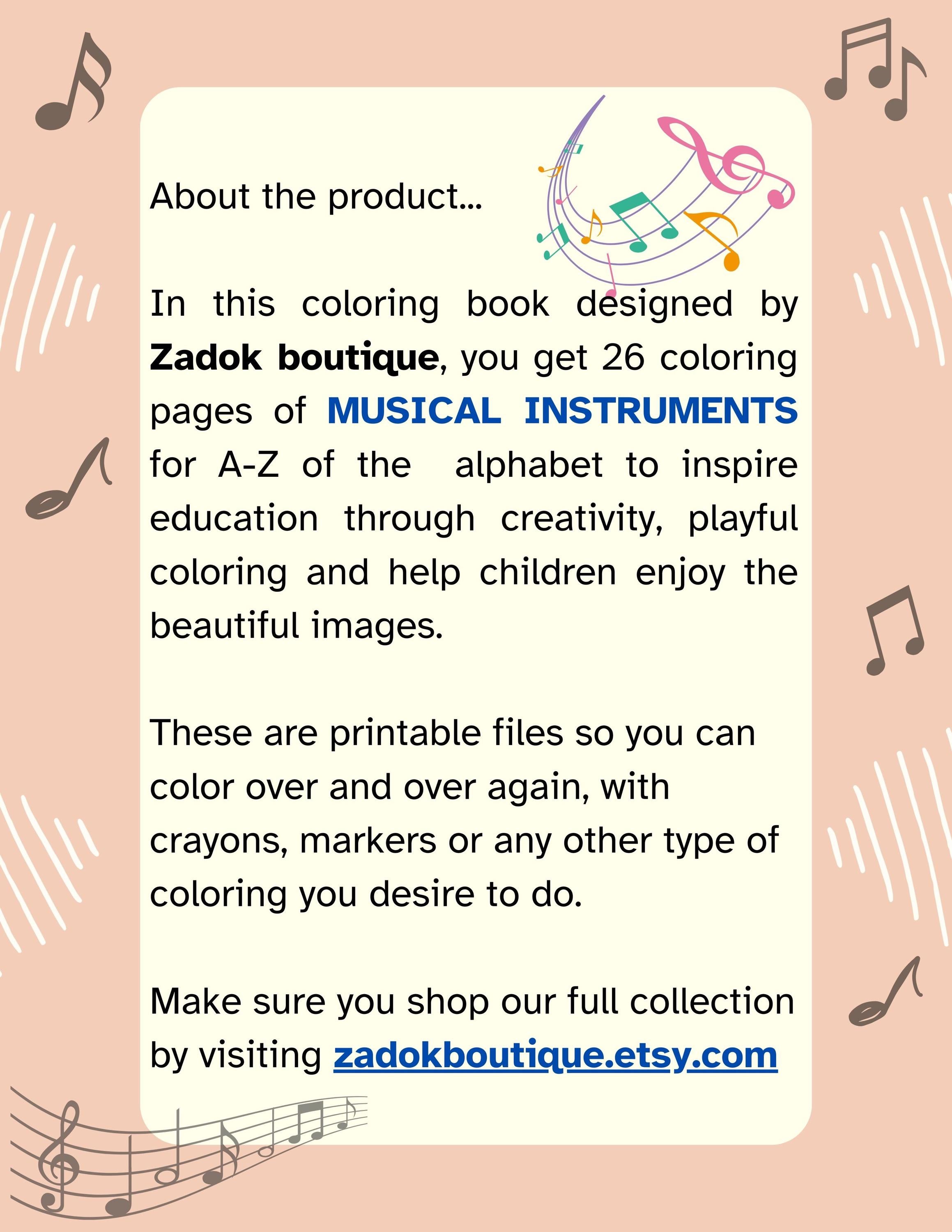 Musical Instruments Coloring Pages A-Z: Children's Education (PDF)