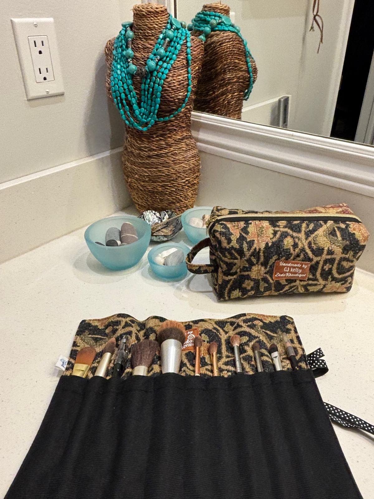 Boxy Makeup Bags: Quilted Black & Gold - Ralph Lauren inspired fabric - Elegant Cosmetic Organizer, Handmade in Canada